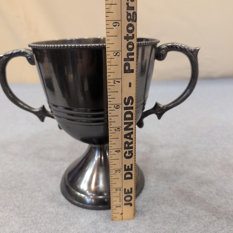 Vintage Silver Tone Loving Cup Trophy Ornate Handles Beaded Rim Pedestal Base image 3