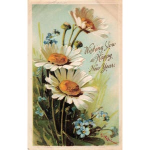 Antique Embossed New Year Postcard Daisies Forget-Me-Nots Germany 1006 image 1