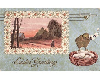 Carte postale de Pâques vintage de 1910, motif poussins, marguerites et coucher de soleil à Litchfield, Illinois.