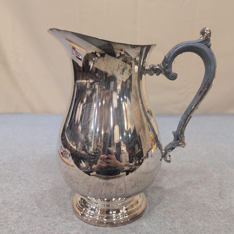 Vintage Silver Plated Water Pitcher Ornate Scroll Handle Pedestal Base Jug image 2