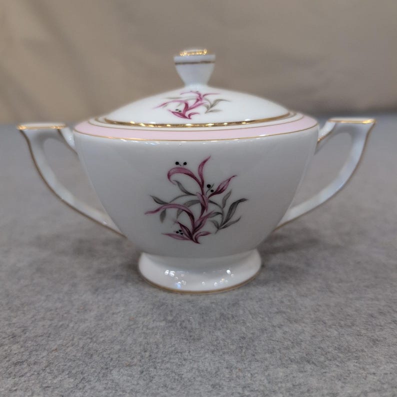 Mikado China Desiree Sugar Bowl with Lid Pink Grey Floral Gold Trim Japan image 1