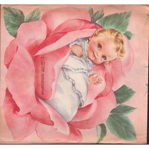 Papier cadeau vintage milieu du siècle pour bébé, éphémères roses et bleues, bébé endormi, état très bon. image 1