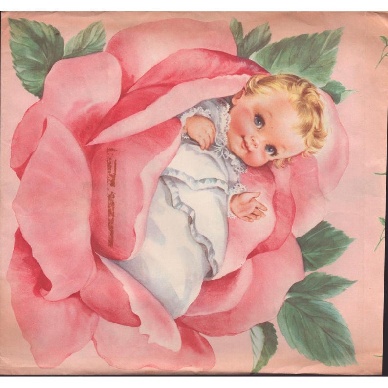 Papier cadeau vintage milieu du siècle pour bébé, éphémères roses et bleues, bébé endormi, état très bon. image 1
