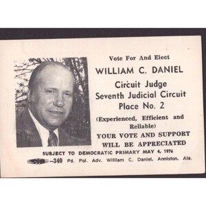 Vintage 1976 William C Daniel Alabama Circuit Judge Campaign Card Tag Numbers image 1