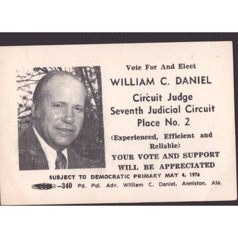 Vintage 1976 William C Daniel Alabama Circuit Judge Campaign Card Tag Numbers image 1
