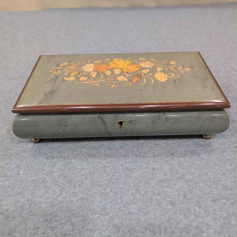 Vintage Reuge Music Box Floral Wood Inlay Green Marbled Swiss Mvmnt Jewelry Box image 1