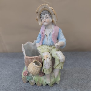 Vintage Boy Sitting on Tree Stump Figurine Planter Vase Porcelain Floral Japan image 1