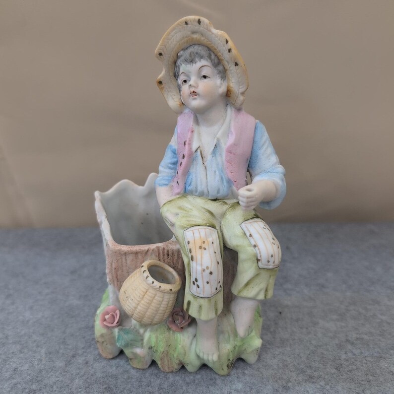 Vintage Boy Sitting on Tree Stump Figurine Planter Vase Porcelain Floral Japan image 1
