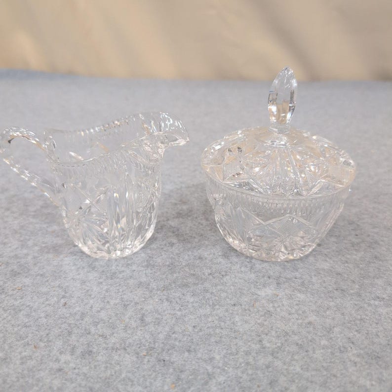 Vtg Miniature Cut Crystal Creamer and Lidded Sugar Bowl Set Starburst Pattern image 1