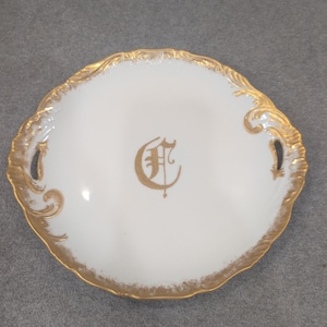 Annie Jones Hand Painted Porcelain Cake Plate Gold Gilt Monogram Scalloped White image 1
