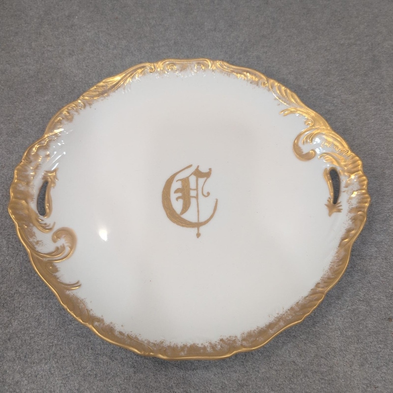 Annie Jones Hand Painted Porcelain Cake Plate Gold Gilt Monogram Scalloped White image 1