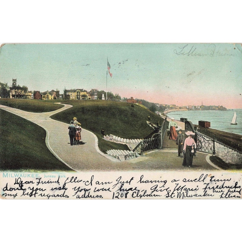 Vintage Postkarte von 1907 aus Milwaukee, Wisconsin, mit Motiv des Juneau Parks (Raphael Tuck Serie 2175, sehr gut erhalten). Bild 1