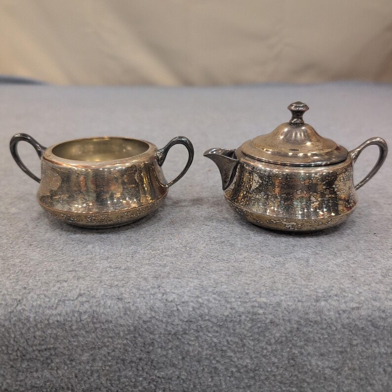 Vintage Stacking Silverplate Teapot and Sugar Bowl Set Wolf Crown Hallmarks image 2