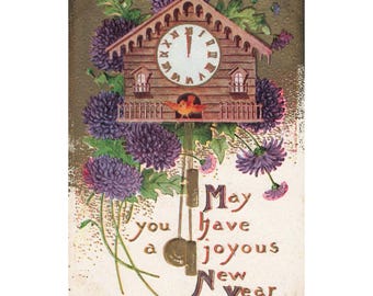 Vintage Embossed New Year Postcard Cuckoo Clock Purple Flowers Divided Back VG