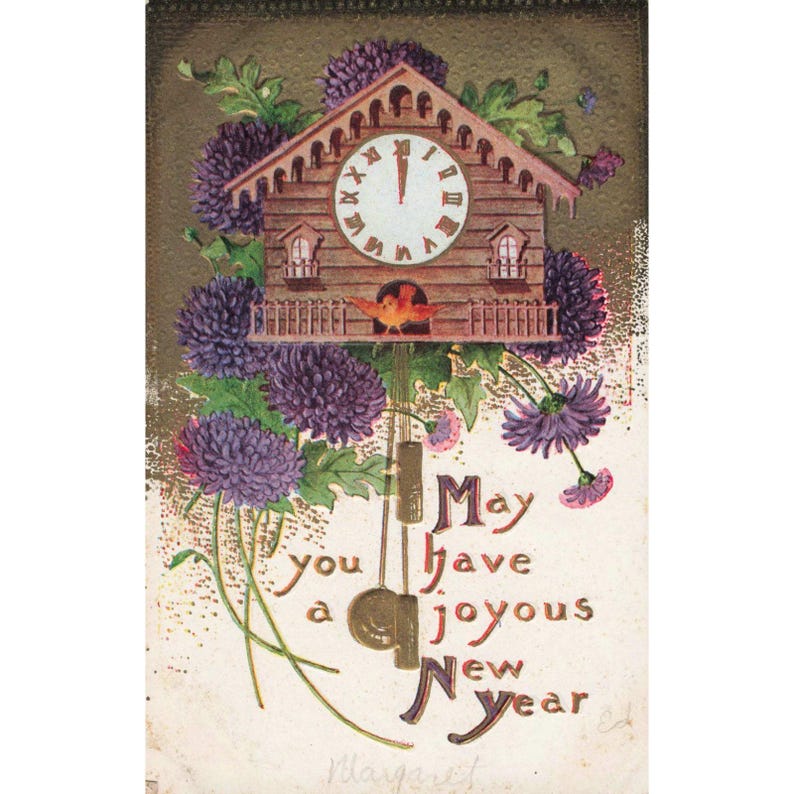 Vintage Embossed New Year Postcard Cuckoo Clock Purple Flowers Divided Back VG image 1