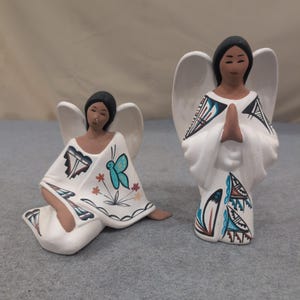 Southwestern Hand Painted Clay Angel Figurines Set of 2 Navajo Signed image 1