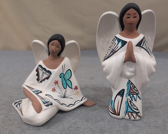 Southwestern Hand Painted Clay Angel Figurines Set of 2 Navajo Signed