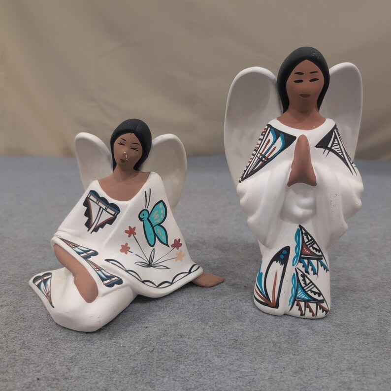Southwestern Hand Painted Clay Angel Figurines Set of 2 Navajo Signed image 1
