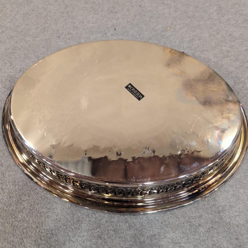 Oneida Silver Plate Oval Pierced Gallery Tray Etched Floral Made in USA image 6