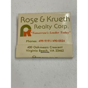 Rose & Krueth Realty Corp. ヴィンテージ マッチブック バージニアビーチ コレクターズアイテム 画像 1
