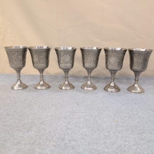 World Gift India Silver Tone Etched Floral Goblets Chalice Set of 6 NA306 image 1