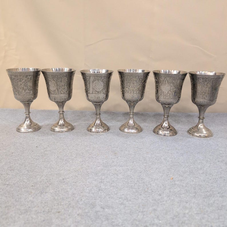 World Gift India Silver Tone Etched Floral Goblets Chalice Set of 6 NA306 image 1