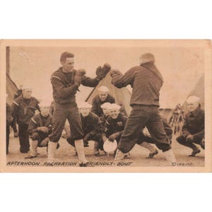 WWI 1917 Military Postcard Boxing Sailors Camp Friendly Bout I.F.S. Sepia image 1