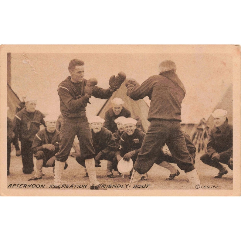 WWI 1917 Military Postcard Boxing Sailors Camp Friendly Bout I.F.S. Sepia image 1