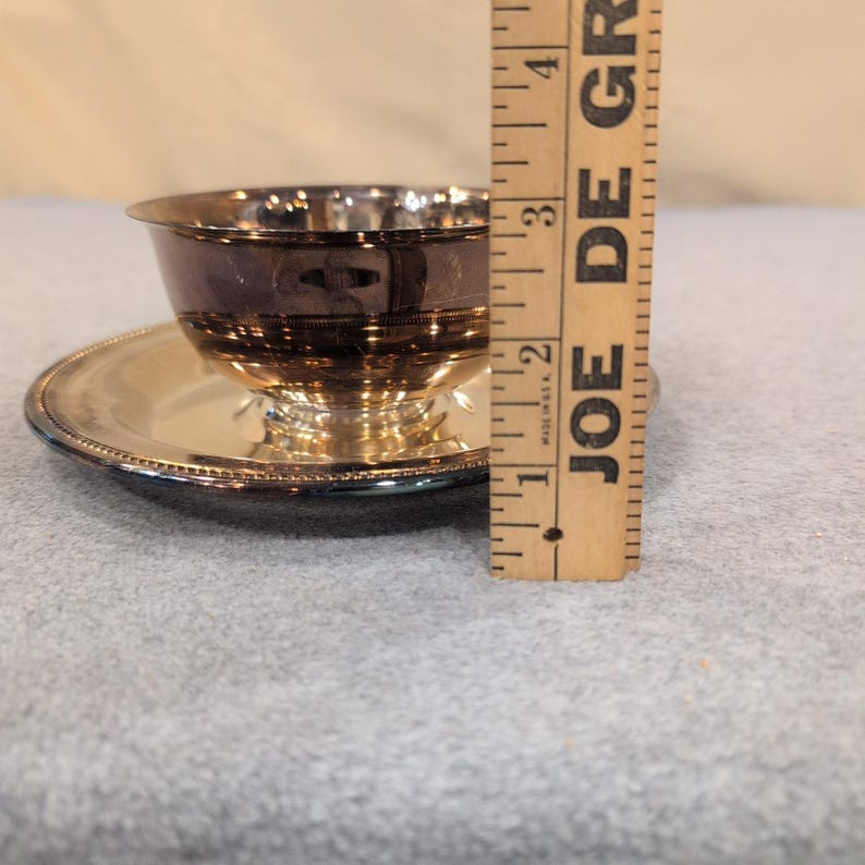 Oneida Silverplate Sherbet Tasse und Unterteller Set Perlenrand USA Vintage Bild 8