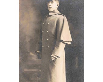 Antique Real Photo Postcard Military Cadet in Cape Greatcoat Studio Portrait VG-
