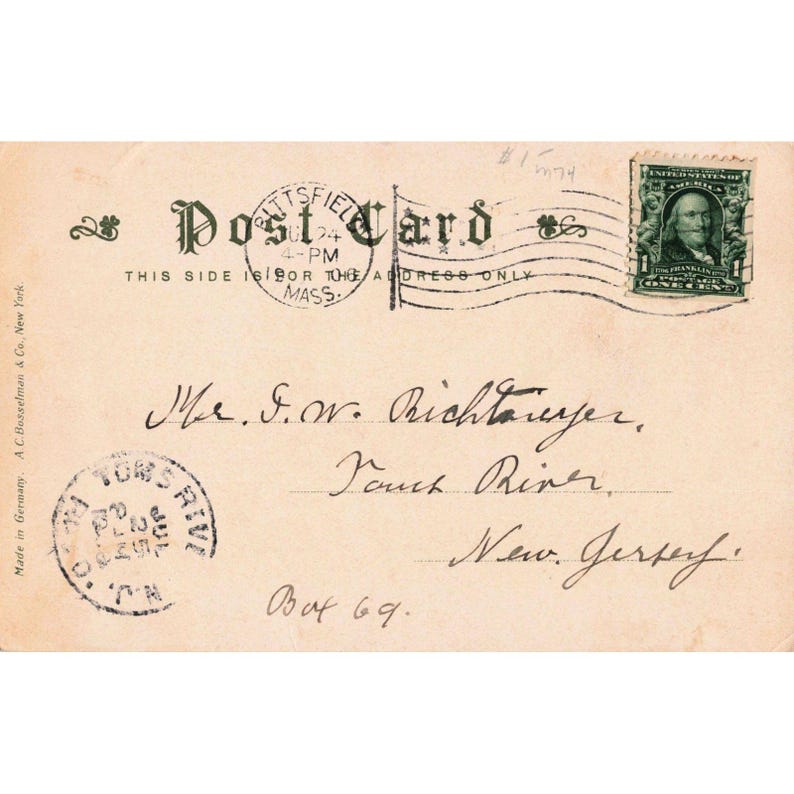 Carte postale ancienne de 1907 représentant la maison de Longfellow à Pittsfield, Massachusetts. AC Bosselman, Allemagne. image 2
