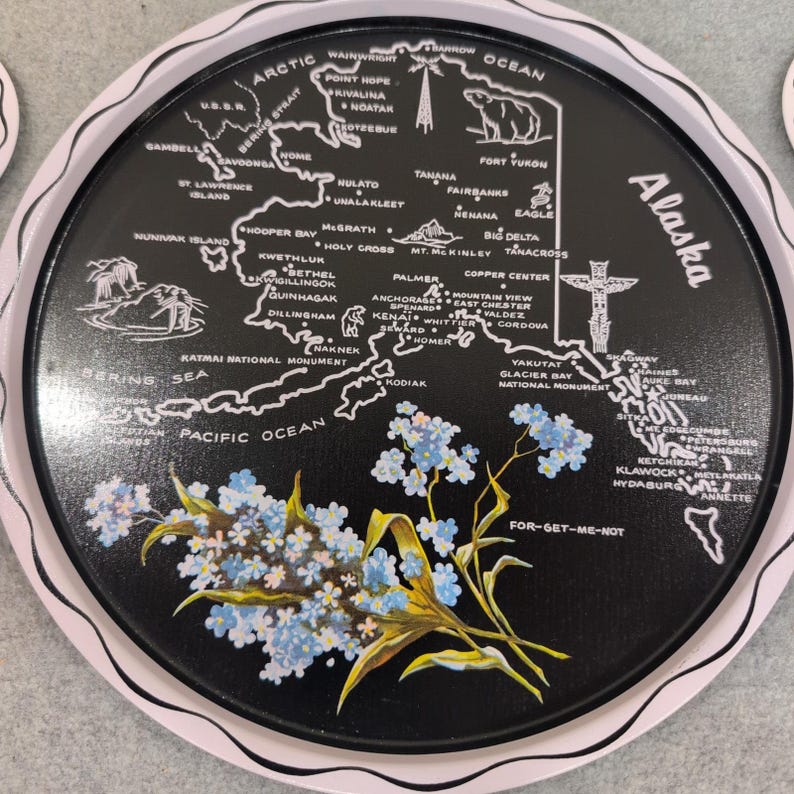 Vintage Alaska State Map Metal Serving Tray and Coaster Set Forget-Me-Not 7pc image 2