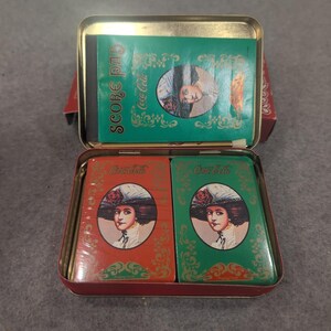 Old Fashioned Coca-Cola Tin and Playing Card Set 2 Decks Score Pad Pencil Red image 4