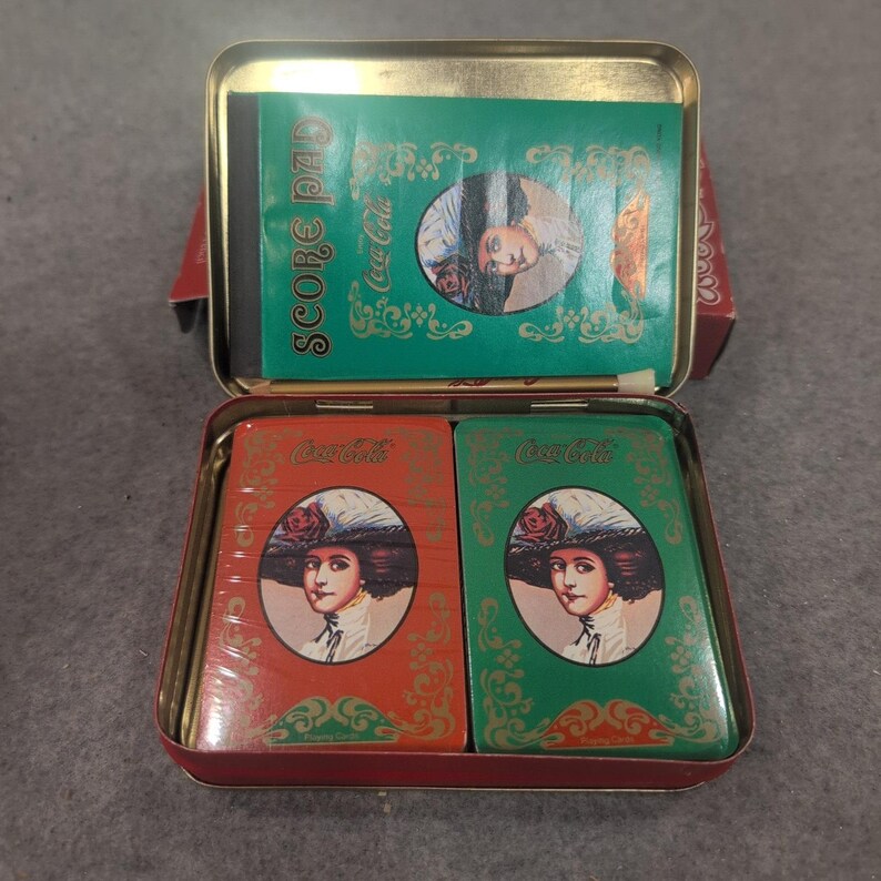 Old Fashioned Coca-Cola Tin and Playing Card Set 2 Decks Score Pad Pencil Red image 4