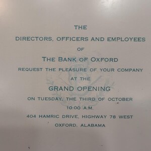 Framed Bank of Oxford (Alabama) Grand Opening Invitation with US Two Dollar Bill image 2