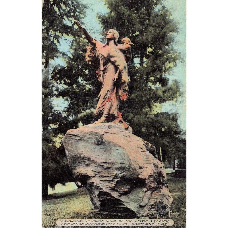 Pocztówka z zabytkową statuą Sacajawea z 1913 roku, Portland, Oregon, ekspedycja Lewisa i Clarke'a zdjęcie 1