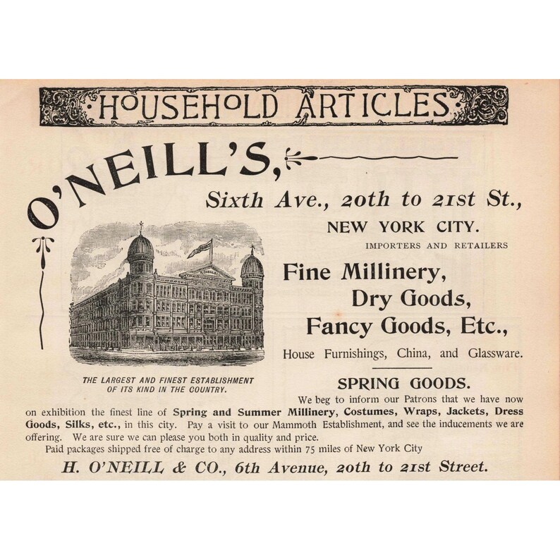 Vintage 1892 O Neills New York City Department Store Advertising Print Ad image 1
