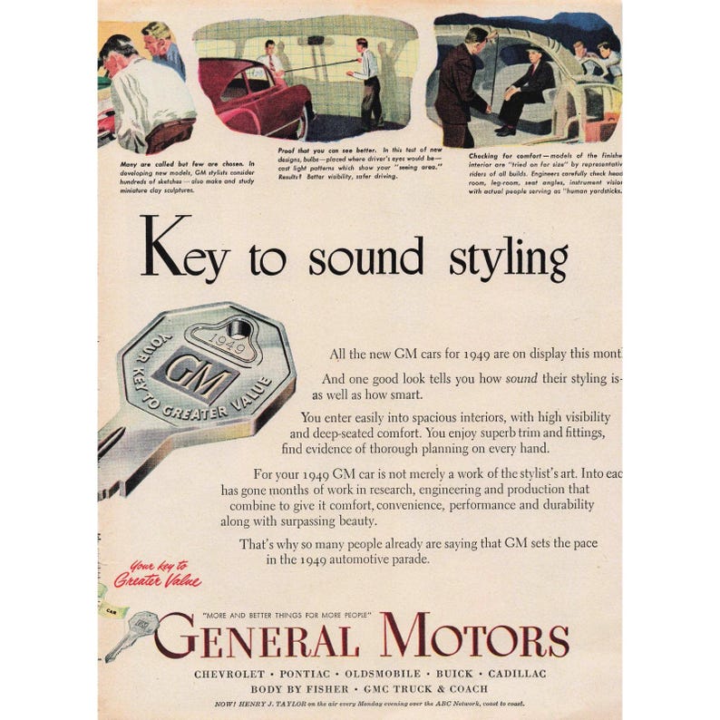 Vintage 1949 General Motors GM Key to Sound Styling Magazine Print Ad 10.5x7 image 1