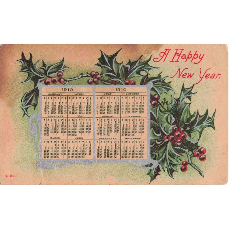 Vintage 1910 New Year Calendar Postcard Holly Berries Divided Back RPPC image 1