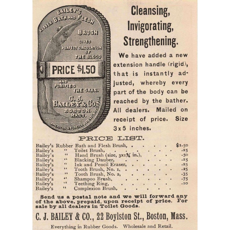 1891 Antique Bailey's Rubber Bath & Flesh Brush Cleansing Invigorating Print Ad image 1
