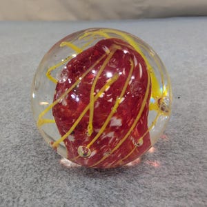 Art Glass Paperweight Red White Mottled Core Yellow Swirl Controlled Bubbles image 1
