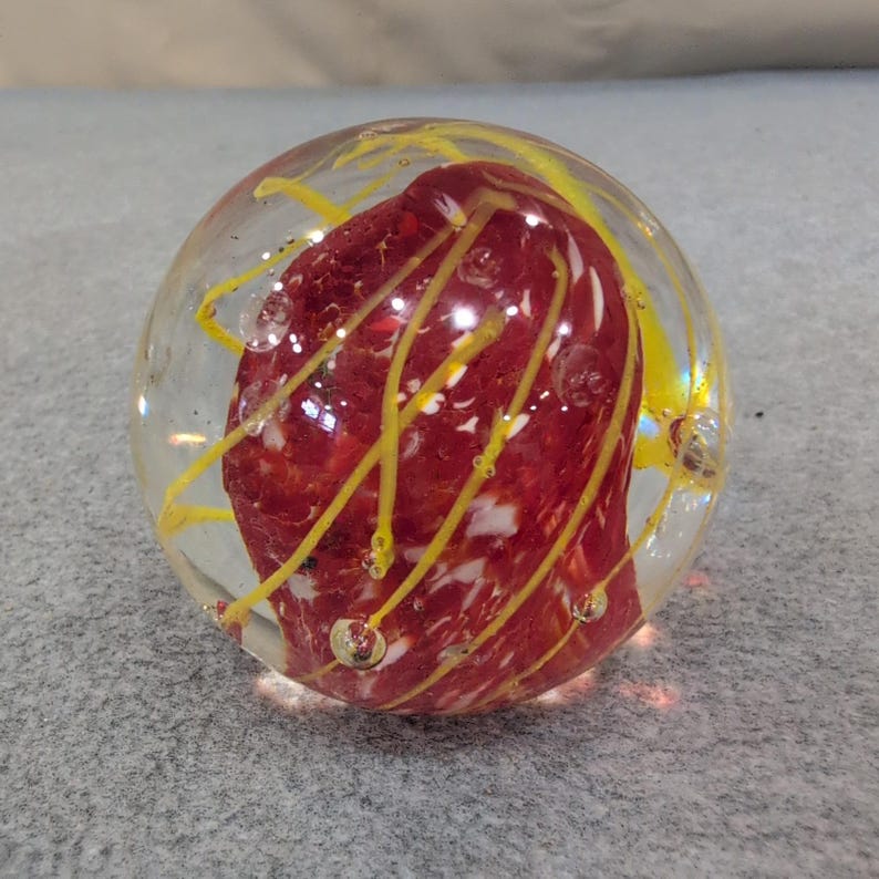 Art Glass Paperweight Red White Mottled Core Yellow Swirl Controlled Bubbles image 1