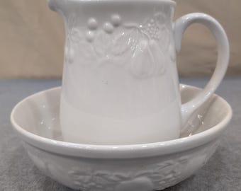 Gibson Housewares White Pitcher and Bowl Set Embossed Fruit Design