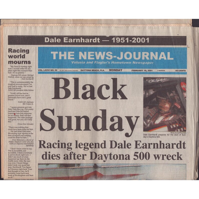 Dale Earnhardt Black Sunday News-Journal February 19 2001 Daytona 500 Newspaper image 1