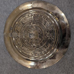 Alpaca Mexico Aztec Sun Calendar Plate Abalone Shell Inlay Silver Tone Decor image 4