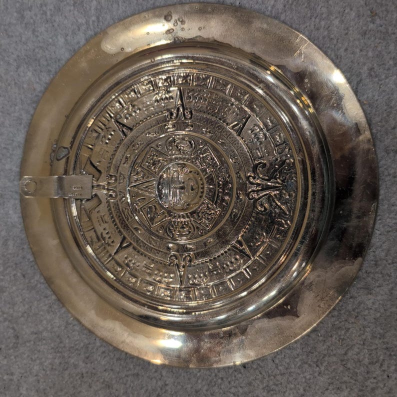 Alpaca Mexico Aztec Sun Calendar Plate Abalone Shell Inlay Silver Tone Decor image 4