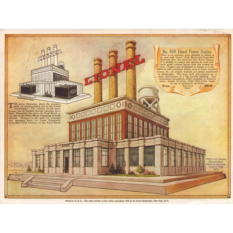 Affiche publicitaire vintage de 1928 du catalogue de trains électriques Lionel, n° 840, Centrale électrique 1975 image 2