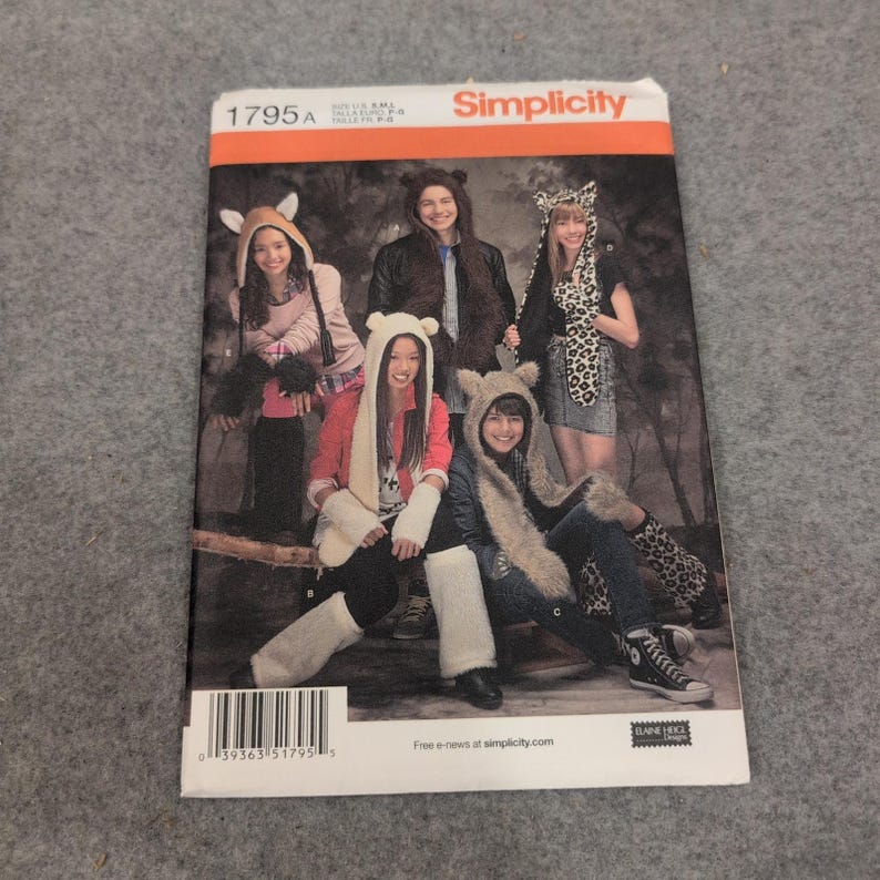 Simplicity 1795 Animal Hats Leg Arm Warmers Sewing Pattern Mens Womens Teens SML image 1