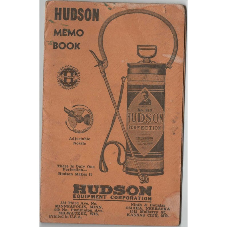 Vintage Hudson Equipment Corporation Memo Book Advertising Perfection Sprayer G image 1