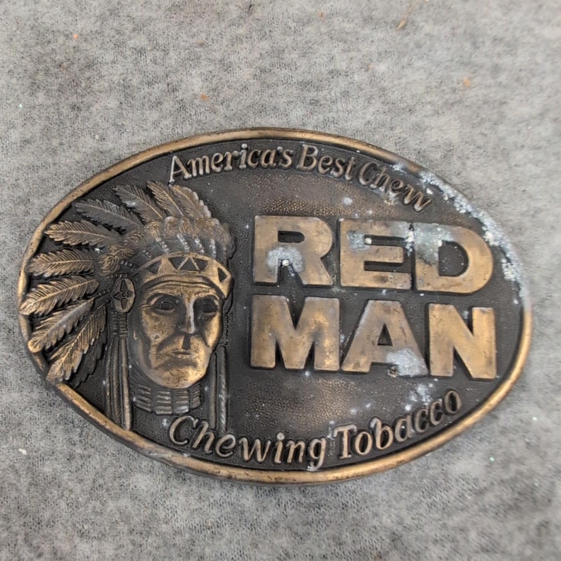 Vintage 1988 Red Man Chewing Tobacco Belt Buckle Americas Best Chew Native Chief image 1